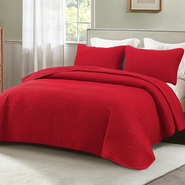 Whale Flotilla Queen Quilt Bedding Set Microfiber Red Full Size 3 Piece Geometric