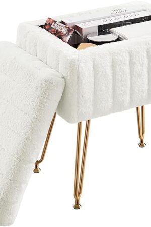 DUMOS Vanity Stool Chair Ottoman with Storage, Makeup Cute Soft Small Footstool Modern Style Faux Fur Seat with 4 Metal Legs & Adjustable Feet for Dressing Living Room Bedroom Dorm