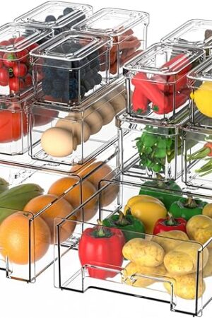 14Pack Fridge Organizer Bins, Clear Refrigerator Organizing Containers with Lids and Refrigerator Drawers, Stackable Food, Vegetable and Fruit Containers for Fridge Organizers and Storage