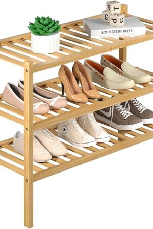 3 Tier Bamboo Shoe Rack Free Standing Wood Natural 27"x11"x20"