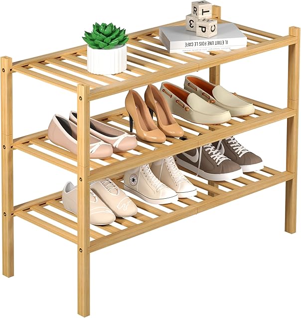 3 Tier Bamboo Shoe Rack Free Standing Wood Natural 27"x11"x20"