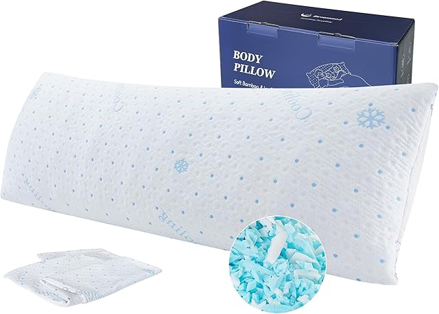 Cooling Body Pillow with Pillowcase, Adjustable Shredded Memory Foam Pregnancy Long Full Bed Body Pillows for Adults Side Sleeper - with Washable Soft Cooling Double-Sided Cover, 20x54 inch
