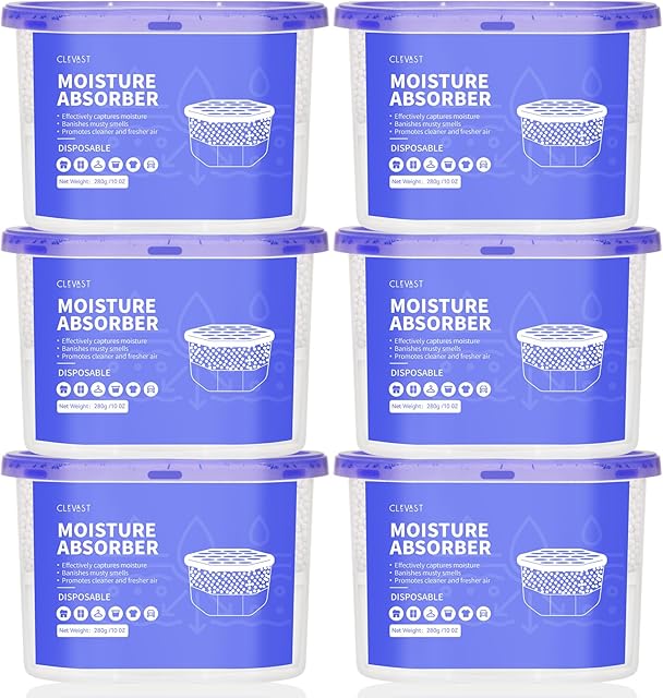 CLEVAST Moisture Absorbers Boxes, 10 OZ, 6 Pack, Dehumidifier Box for Closet, Unscented Hanging Humidity Absorber in Wardrobes, Bedrooms, Bathrooms, RV
