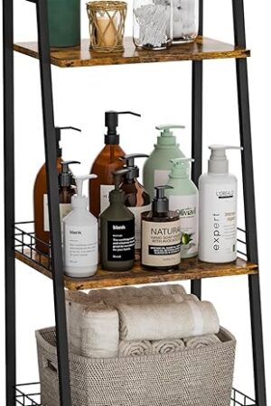 3-Tier Bathroom Shelf with Fence, Retro Bathroom Organizers and Storage Stand, Wood Shelving Unit with Metal Frames, Classic Open Floor Storage Shelves for Bathroom, Laundry Room, Living Room