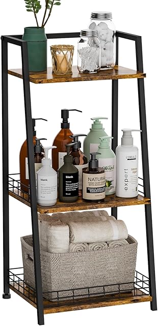 3-Tier Bathroom Shelf with Fence, Retro Bathroom Organizers and Storage Stand, Wood Shelving Unit with Metal Frames, Classic Open Floor Storage Shelves for Bathroom, Laundry Room, Living Room