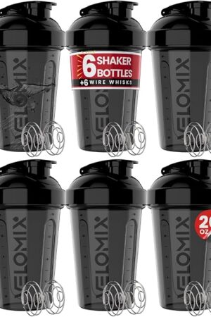 -6 PACK- Shaker Cups for Protein Shakes 20 oz - 6x Wire Whisk | Leak Proof Protein Shaker Bottle for Protein Shakes, Shaker Bottle Pack for Pre & Post Workout, Shaker Cup (ALL IN BLACK)
