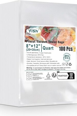 Vacuum Sealer Bags 100 Quart 8"×12" Precut Bags for Food Saver, Commercial Grade, BPA Free, Heavy Duty Food Sealing Bags for Storage, Meal Prep, Sous Vide