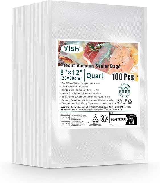 Vacuum Sealer Bags 100 Quart 8"×12" Precut Bags for Food Saver, Commercial Grade, BPA Free, Heavy Duty Food Sealing Bags for Storage, Meal Prep, Sous Vide
