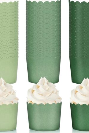 Whaline 120Pcs Sage Green Paper Baking Cups Scalloped Edge Cupcake Wrappers Gradient Green Cupcake Muffin Cases for Wedding Birthday Baby Shower, 3 Colors