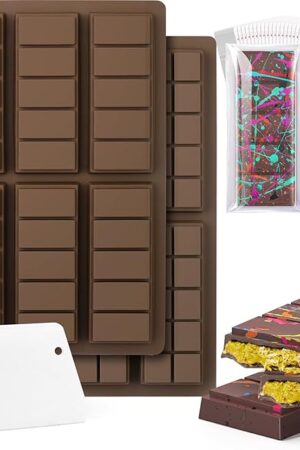BABORUI 12 Cavities Chocolate Bar Mold Deep with Bags Scraper, Thick Chocolate Bar Mold for Stuffed Bar, Silicone Chocolate Mold for Filling Knafeh Pistachio Chocolate Bar(5+10 Snap)
