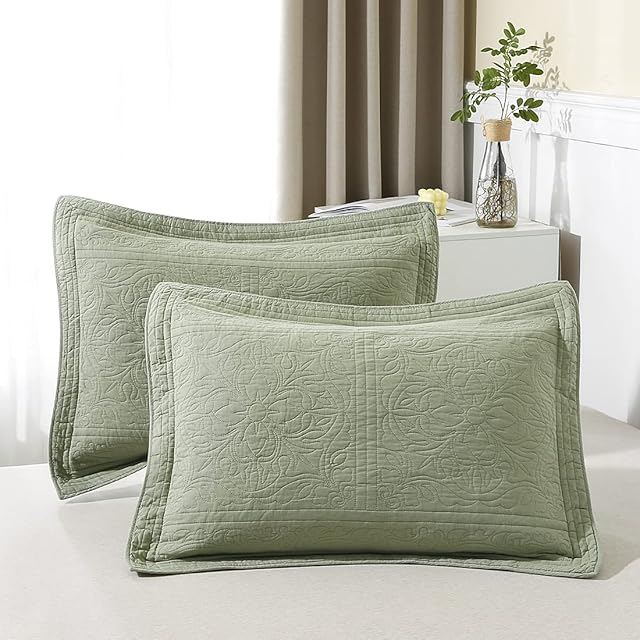 WINLIFE 100% Cotton Quilted Pillow Sham Floral Printed Pillow Cover Sage Green, Standard Size, 20 x 26 Inch