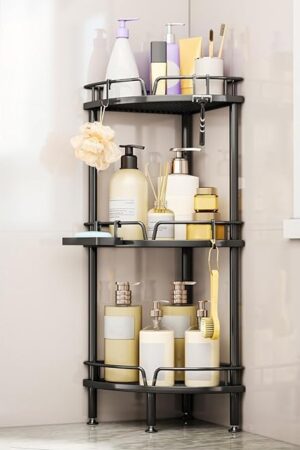 Consumest Corner Shower Caddy Stand - 3 Tier Shower Organizer with Soap Holder, Tall Floor Corner Shelf Standing with Adjustable Feet & 4 Hooks, Storage Rack for Bathroom Black
