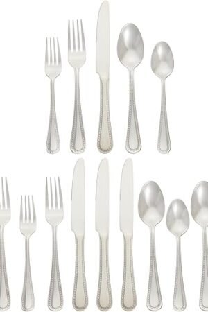 Amazon Basics Silverware Set, Stainless Steel Flatware, Dishwasher Safe, Service for 4, 20-Piece Forks and Spoons, Pearled Edge