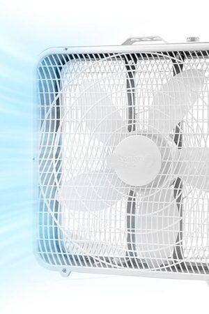 Comfort Zone Box Fan with Carry Handle, 20 inch, 3 Speed Full-Force Air Circulation Window Fan, Bedroom Floor Fan with 5 Blades, White Noise Cooling Fan, White