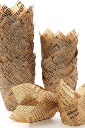 150pcs Tulip Cupcake Liners Baking Cups Muffin Liner Grease-Proof Paper Cupcake Wrappers for Wedding, Birthday Party, Standard Size (Natural Newspaper Printed)