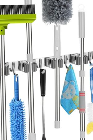VOZE Mop and Broom Holder Wall Mount with 5 Racks 4 Hooks Self Adhesive
