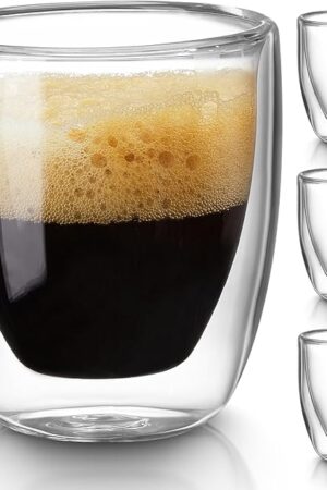 Double Walled Espresso Cups Set of 4 (50% Thicker), 3 Ounce Clear Expresso Coffee Mugs, Espresso Shot Glasses, Double Wall Insulated Espresso Cups Suit for Espresso Machine, Microwave Safe