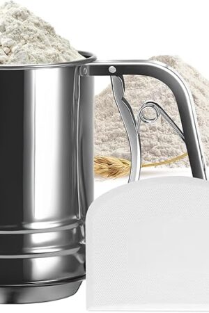 3-Cup Flour Sifter for Baking, Stainless Steel One-Hand Press Sifter with Double-Layer Fine Mesh - Includes Bonus Dough Scraper/Cutter for Bread & Pastry (White)