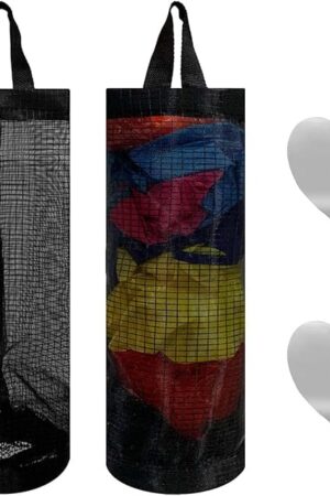 2 Pcs Plastic Bag Holder Trash Bags Storage Dispenser Organizer for Home Kitchen Mesh Hanging Storage Dispensers Recycling Garbage Folding Hanging Storage Bag Grocery Bags Holder with 2 Hooks (Black)