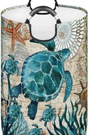 Vintage Ocean Sea Turtle Large Laundry Basket Beach Decor Laundry Hamper Bag Collapsible Laundry Baskets Clothes Hamper with Handles Ocean Storage Baskets For Bathroom, Dorm, Family, 50L