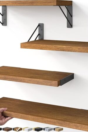 BAYKA Floating Shelves for Wall, Book Shelf for Bedroom, Wall Decor Shelves for Living Room Kitchen, Mounted Wood Floating Shelf for Home Decor, Corner Shelf for Bathroom, Office(Set of 4)