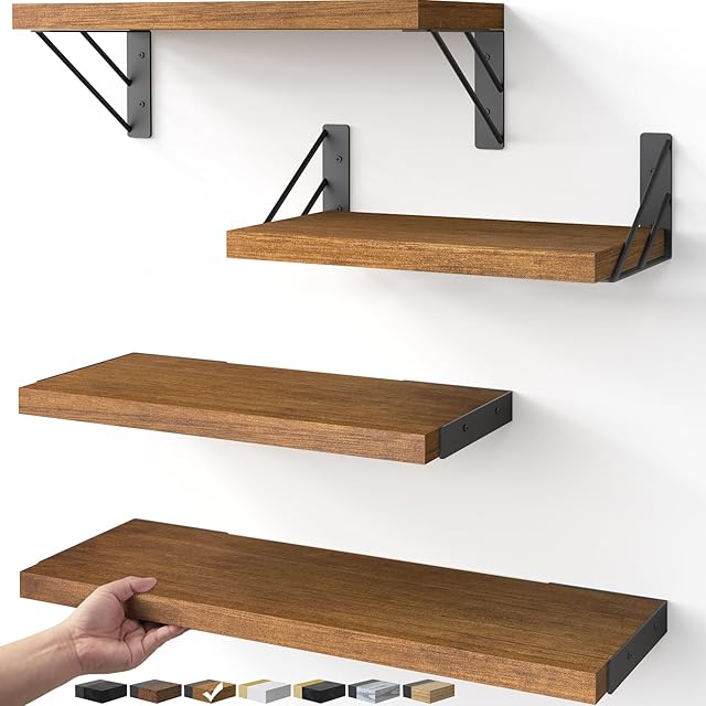 BAYKA Floating Shelves for Wall, Book Shelf for Bedroom, Wall Decor Shelves for Living Room Kitchen, Mounted Wood Floating Shelf for Home Decor, Corner Shelf for Bathroom, Office(Set of 4)