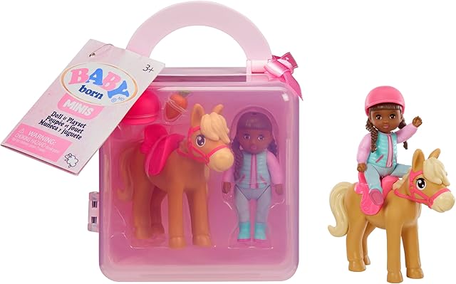 The Baby Born MINIS Playset - Deep Skin Tone Doll with Brown Eyes, Horse with Helmet & Carrot Accessory, Includes Reusable Carrying Case for On-The-Go Playtime