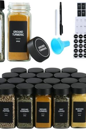 24 Glass Spice Jars with Labels,Spice Jar Set,4oz Seasoning Containers,Spice Containers with Black Airtight Lids and Shaker Lids,Square Empty Spice Bottles, 492 Labels,2 Marker Pens,1 Funnel