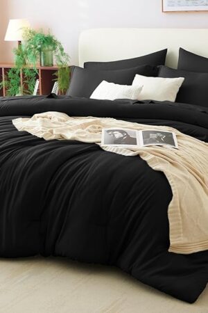CozyLux Queen Comforter Set Black, 7 Pieces Bed in a Bag Soft Bedding Comforter Set with Sheets, All Season Boho 7PC Bed Sets with Comforter, Fitted Sheets, Flat Sheets, Pillow Shams and Pillowcases