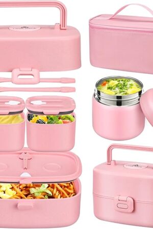 Bento Lunch Box for Kids with 8oz Soup Thermo,2 Leak-Proof Food Containers, a Lunch Bag, Kids Thermo Insulated Hot Food Jar for School, Travel-Pink