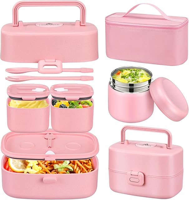 Bento Lunch Box for Kids with 8oz Soup Thermo,2 Leak-Proof Food Containers, a Lunch Bag, Kids Thermo Insulated Hot Food Jar for School, Travel-Pink