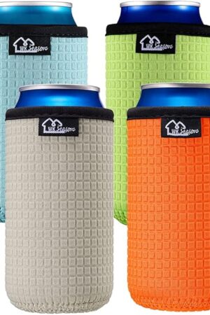 WK IEASON 16oz Can Sleeves Insulators Sleeves Standard Can Covers Neoprene16OZ Beer Bottle Sleeves Coolers Holder Non-slip Neoprene Can Coolier 4PC Pack (16OZ, Green/Orange/Grey/Light Blue)