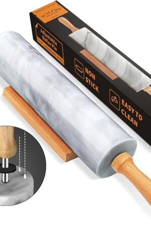 Walfos Marble Rolling Pin With Wooden Handles & Wood Cradle, 16.5 Inch Marble Rolling Pins For Making Pizza Dough And Tortillas, Dough Roller For Pie Crust, Cookie, Pasta (Gray & White)