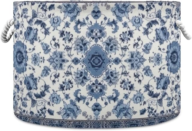 Cotton Rope Basket Blue Floral Vintage Baby Laundry Basket for Blankets Toys Storage Basket