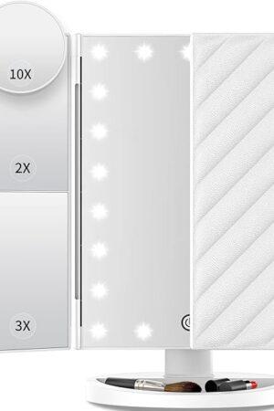 Vanity Mirror with Lights, Lighted Makeup Mirror with 2X 3X 10X Magnification, 21 LED Trifold Compact Touch Dimming Light Up Mirror, Dual Power Supply, Gifts for Women (White)