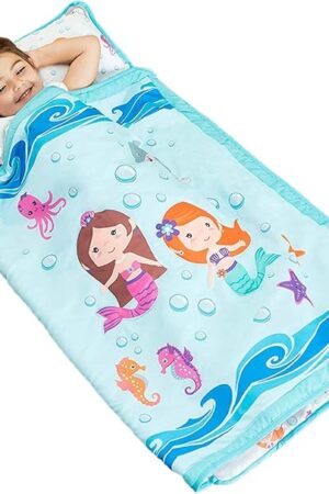 EVERYDAY KIDS Toddler Nap Mat with Removable Pillow -Underwater Mermaids- Carry Handle with Fastening Straps Closure, Rollup Design, Soft Microfiber for Preschool, Daycare Sleeping Bag, Ages 2-6 years