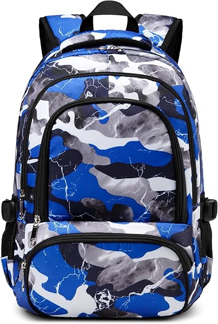 BLUEFAIRY Kids Backpack for Boys Elementary Book Bags Primary Middle School Bookbags for Childs Water Resistant Back to School Gifts Son Mochila Escolares para Niños Aged 8-10 17 Inch Camo Blue