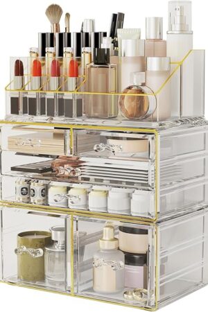 Delamu Makeup Organizer Countertop, Bathroom Organizers and Storage for Dresser, Vanity, No Install, Ideal for Large Skincare, Perfume, Present, Pink