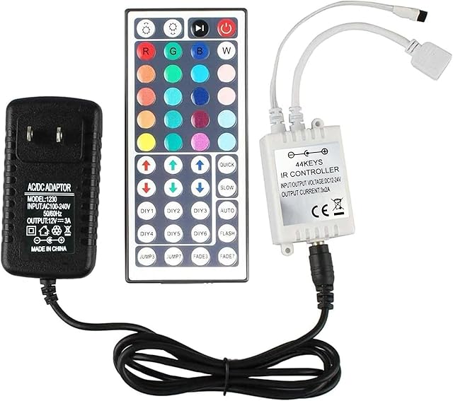 44 Key LED Strip Controller, Wireless Rectifier Control Box, DC 12V 3A Power Supply Plug Adapter, IR Remote Controller for 2835 3528 5050 RGB LED Strip Lights Flexible Tape Lighting
