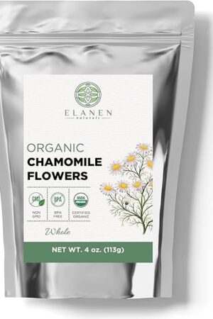 Elanen Naturals Organic Chamomile Flowers 4 oz. (113g), USDA Certified Organic Camomile Manzanilla Tea Loose Leaf, German Chomomile Golden Chamomeal Herb, Whole