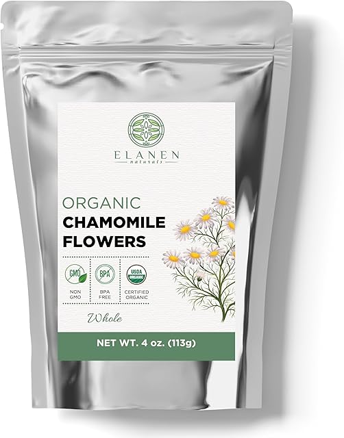 Elanen Naturals Organic Chamomile Flowers 4 oz. (113g), USDA Certified Organic Camomile Manzanilla Tea Loose Leaf, German Chomomile Golden Chamomeal Herb, Whole