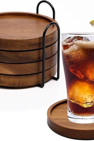 4 Pcs Wood Coasters for Drinks Absorbent, Wooden Coasters with Holder, Drink Coasters for Coffee Table, Absorbent Coaster Set for Table Protection Drink Coasters for Farmhouse, Office, Bar