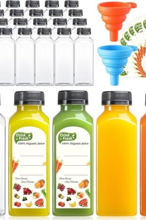 24 PACK, 12 OZ Reusable Plastic Juice Bottles with Caps, Plus 24 Labels & 2 Silicone Funnels - Clear Juicing Bottles for Juice, Smoothies, Ginger, Tea, Coffee - Food Grade & Leakproof Travel Bottles