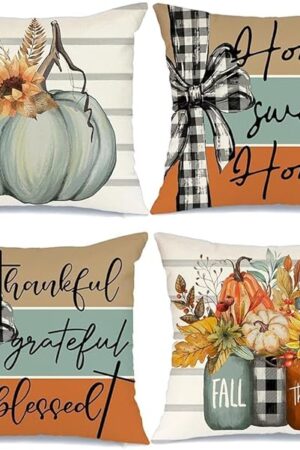 AACORS Fall Pillow Covers 18 x 18 Inch Set of 4, Pumpkin Home Sweet Home Thankful Grateful Blessed Harvest Floral Decorations Autumn Seasonal Pillow Case Decor for Sofa Couch AA275-18