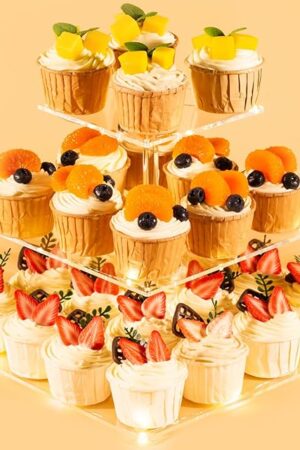 3 Tier Cupcake Stand Cupcake Holder, Acrylic Cupcake Tower with LED Yellow Light for 24 Cupcakes, Dessert Table Display Set for Birthday, Bar, Decor Weddings, Parties Events