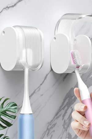2 Pcs Toothbrush Holders Wall Mounted, Single Slot Design, Shower Self Adhesive Wall Mounted Toothbrush Holder with Cover, Waterproof and Dustproof, Suitable for Bathroom, Family, Travel (Transparent)