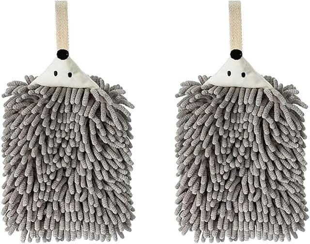 Chenille Hand Towels for Bathroom ?Kitchen and Bedroom |Hanging Hand Drying Towel with Button Loop | Funny Hedgehog Hand Towel | 2 Packs