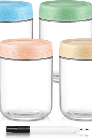 DRKIO 16 Oz Overnight Oats Containers with Lids - 4 Pack Glass Storage Jars with Airtight Lids Wide Mouth Mason Food Jars Great for Meal Prep Salad Chia Pudding Snacks Yogurt Sugar Spice Cereal