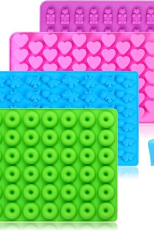 Candy Molds Silicone, with 2 Droppers, Non-Stick Silicone Candy Molds Including Mini Dinosaur, Bear Shape, Hearts and Mini Donut, Set of 4