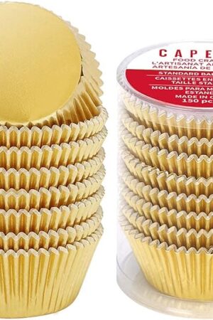 Caperci Standard Cupcake Liners Gold Foil Muffin Baking Cups 150-Pack - Premium Greaseproof & Sturdy Cupcake Papers